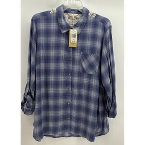 LINDA ANDERSON Top XXL Blue Plaid Crochet Back Roll Tab Slv Shirt Country Ranch